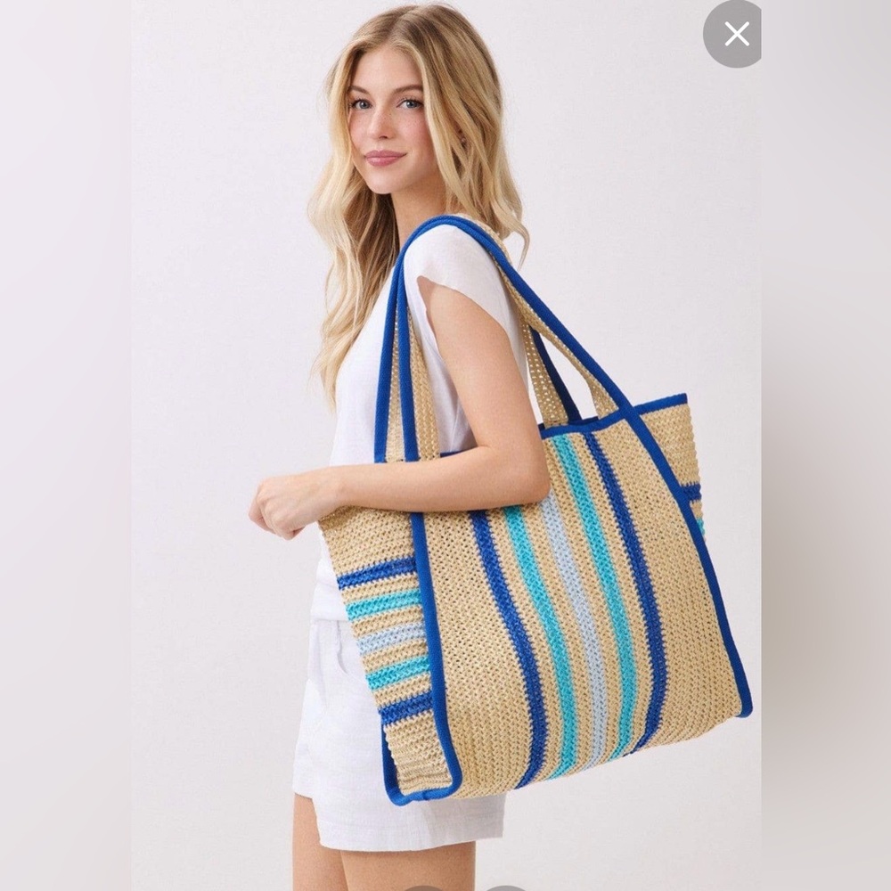 New Large Striped Woven Straw Beach Tote Bag with Blue and Tan Accents